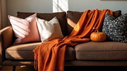 Fall interior design couch adorned with throw pillows, featuring a pumpkin and an orange throw blanket on a love seat.