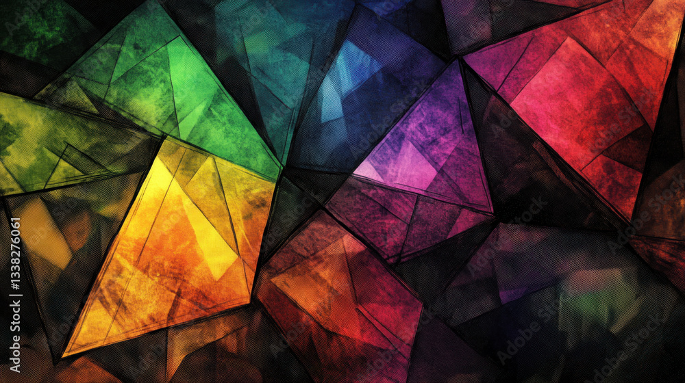 Poster vibrant abstract image featuring geometric pattern of colorful triangles, creating stained glass eff