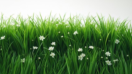 Fototapeta premium The vibrant green grass with white flowers is contrasted against a white background.