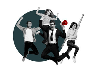 Photo collage young group colleagues workers announce proclaim rights equity protest fight demonstration strike red background