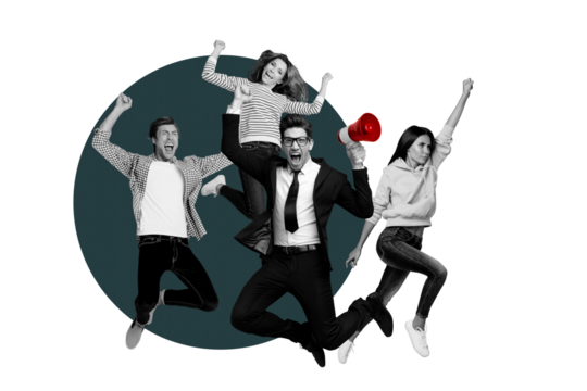 Photo collage young group colleagues workers announce proclaim rights equity protest fight demonstration strike red background