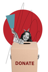 Vertical poster creative collage young happy girl collect donations money fund receive charity poor...