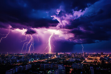 Electric purple thunderstorm strikes over urban skyline