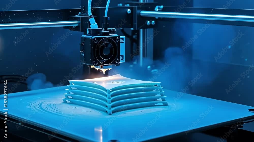 Poster a close up of a d printer creating a layered object with a blue light shining on the object