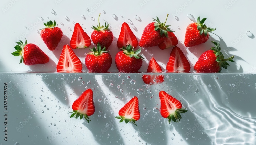 Aufkleber sliced sections of a strawberry rest on a white surface lit from above, featuring water on it - back