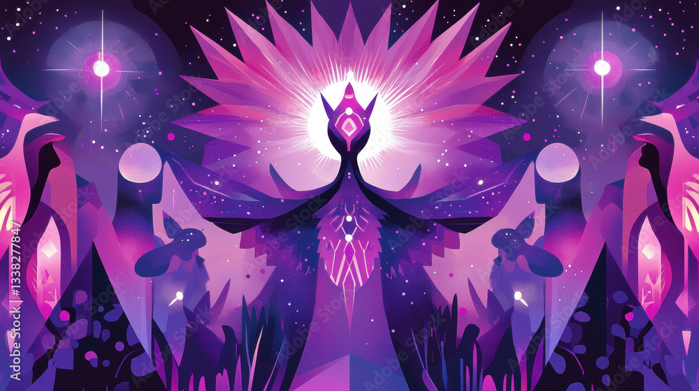 Poster mystical scene with celestial figure radiating light, surrounded by abstract shapes and stars in vib