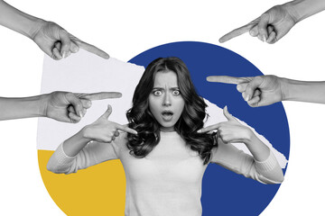 Photo collage young stressed girl abuse victim bullying arms pointing finger insult offesne woman...