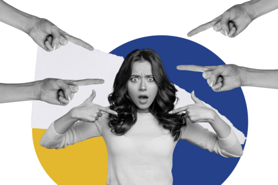 Photo collage young stressed girl abuse victim bullying arms pointing finger insult offesne woman rights social stereotypes mental pressure