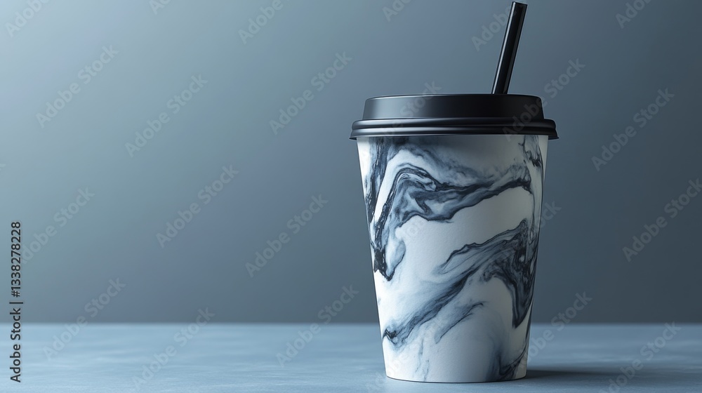 Fototapete a marbled cup with a black lid and straw rests on a smooth gray surface. the design features swirlin