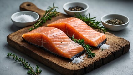 Fresh raw salmon fillet. Rosemary and thyme. Salt and pepper. On aged wooden cutting board. Pescetarian seafood for culinary preparation. Nutritional seafish. Horizontal orientation, ample copy space.