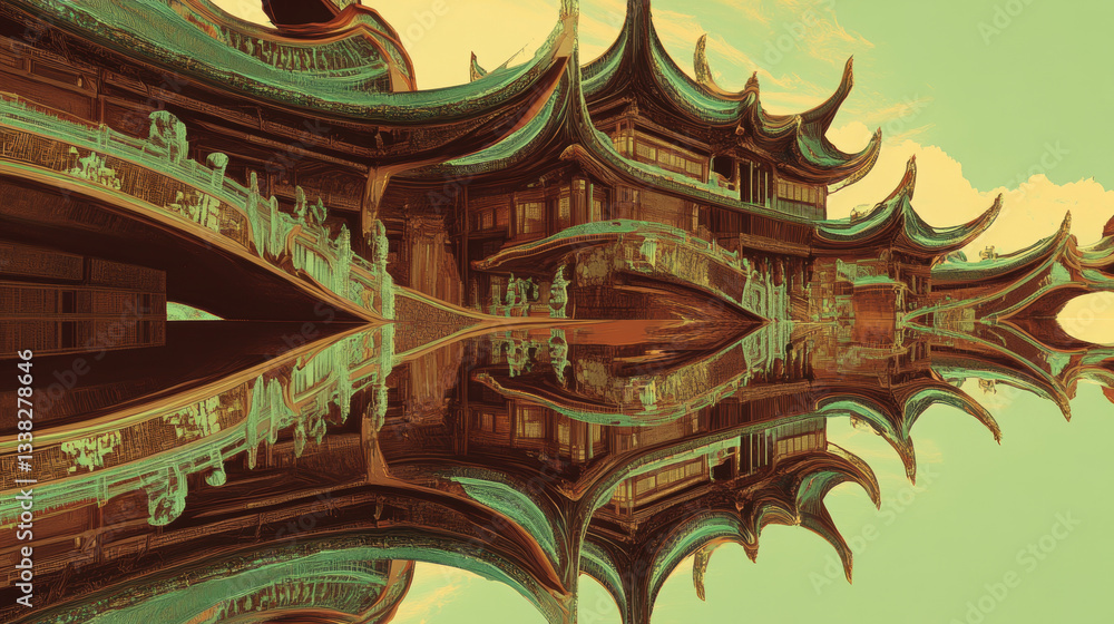 Poster surreal image of traditional asian architecture with intricate details is reflected perfectly in cal