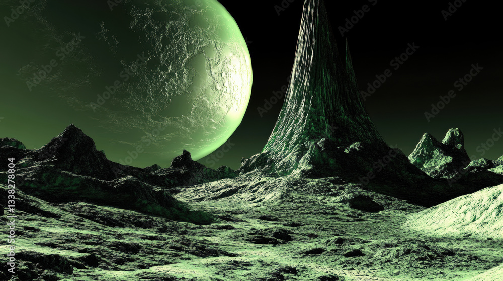 Poster towering spire rises from rugged alien landscape under green hued sky, with large planet looming in 