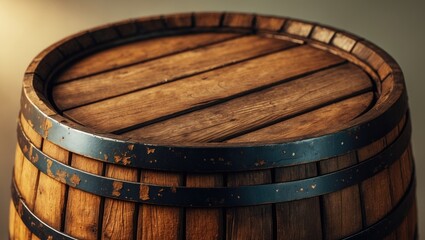 Fototapeta premium Traditional wooden barrel as a backdrop, close-up. Wine production.