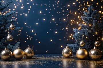 Elegant Midnight Indigo and Champagne Gold Scene with Sparkling Christmas Lights and Shimmering Particles