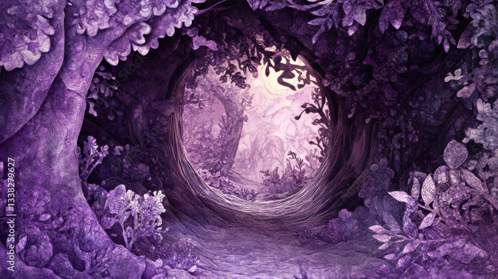Poster mystical forest scene with tunnel like path surrounded by intricate, purple foliage creates enchanti