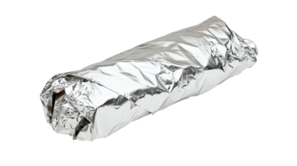 Wrapped food item in aluminum foil for freshness. transparent background