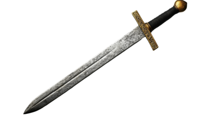 A detailed depiction of a historic sword with ornate features. transparent background