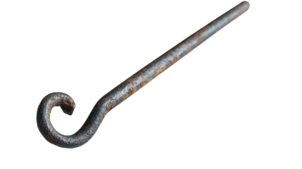 A rusted metal hook, showcasing wear and tear from use. transparent background