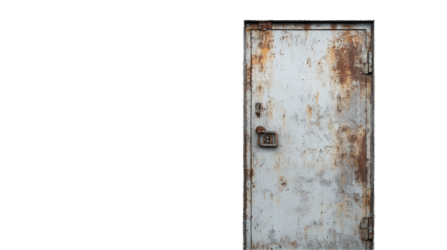 A rusty, weathered door with a simple latch mechanism. transparent background