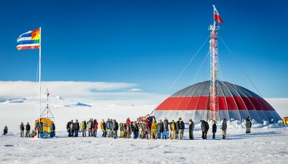 The South Pole, with the ceremonial marker, international flags, and the Amundsen-Scott Station under a vast blue sky.
