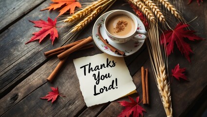 Handwritten note expressing gratitude on a wooden table with a coffee cup, wheat, and autumn leaves. Overhead view.
