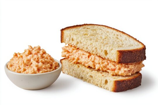 Delicious pimento cheese sandwich with creamy spread on rustic toasted bread simple white background food still life