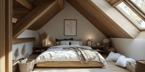 A bright and inviting bedroom under a slanted wooden ceiling