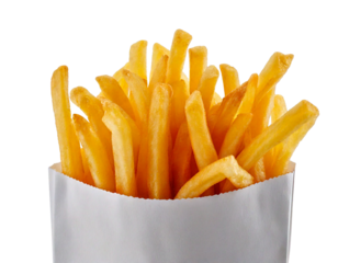 Perfect image of a white paper bag filled with golden, crispy French fries sticking out, showcasing their texture and appetizing appeal, ideal for fast-food advertisements, menus, or culinary branding