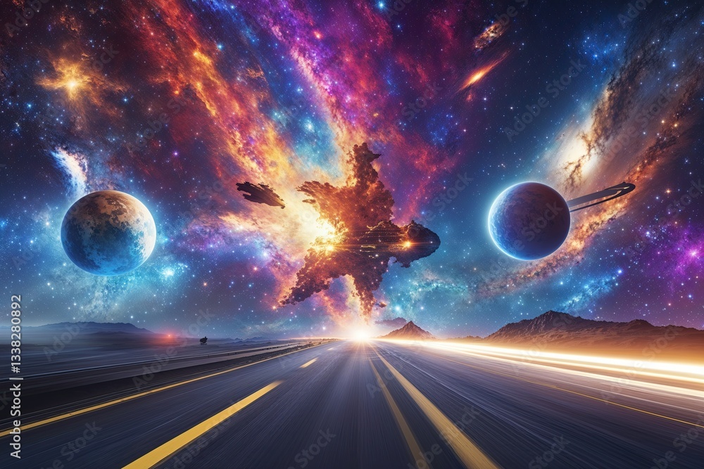 Poster dynamic cosmic journey a colorful exploration of speed adventure and celestial motion