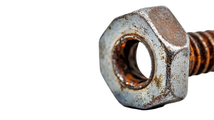 Close-up of a rusty metal nut and bolt showcasing wear and texture. transparent background