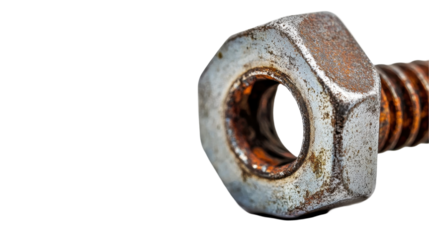 Close-up of a rusty metal nut and bolt showcasing wear and texture. transparent background