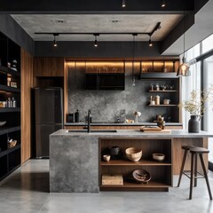 Modern kitchen with wooden cabinets and concrete countertops features