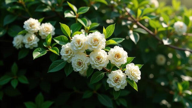 Multiflora rose shrub, a climbing and sprawling plant that creates dense thickets with thorny branches, showcasing dark green leaves and clusters of small white flowers.