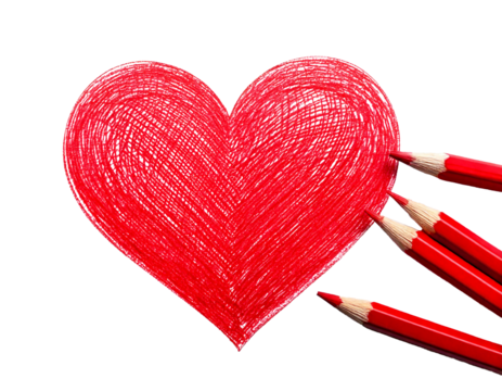 red heart, carefully drawn with colored pencils, placed on a transparent background, symbolizing love, passion, and creativity, ideal for greeting cards, posters, and digital designs