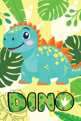 Cute Baby Dinosaur. Adorable Cartoon Stegosaurus with Jungle Leaves