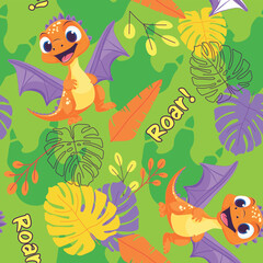 Fototapeta premium Cute Flying Dragon Seamless Pattern. Playful Cartoon Dinosaur and Jungle Leaves
