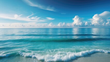 Fototapeta premium The tranquil view portrays the extensive ocean beneath a clear blue sky, embodying the essence of peace and beauty.
