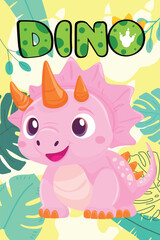 Cute Pink Baby Dinosaur. Adorable Cartoon Triceratops with Tropical Leaves
