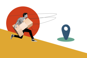 Photo collage creative picture young running man courier postman deliver carton boxes packages gps marker location shipment service