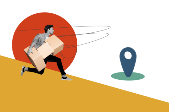 Photo collage creative picture young running man courier postman deliver carton boxes packages gps marker location shipment service - Powered by Adobe