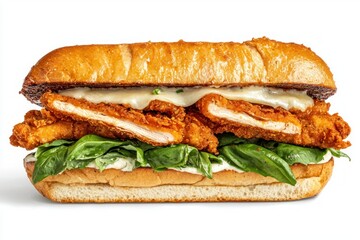 Delicious chicken sandwich with fresh basil vibrant color and creamy sauce on a white background tempting close up appetizing detail food