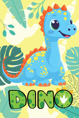 Cute Blue Baby Dinosaur. Adorable Cartoon Brachiosaurus with Tropical Leaves
