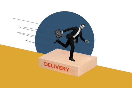 Creative collage image banner young running businessman guy consumer send carton box package delivery order receive shipment service
