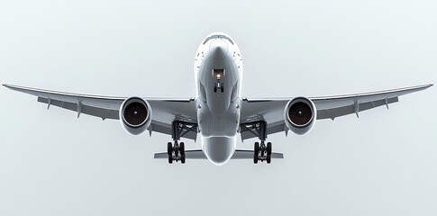Naklejka premium Commercial Airplane Flying with Landing Gear Visible Against Sky