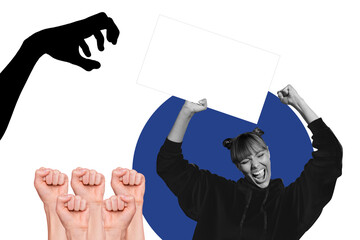 Collage creative illustration image black white filter happy enjoy young woman demonstration hold...