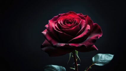 Fototapeta premium Macro view of a single red rose flower against a black background. Close-up perspective of a stunning red rose with distinct petals.