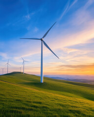Obraz premium wind turbine stands tall in green field at sunset, surrounded by rolling hills and vibrant sky. scene evokes sense of tranquility and sustainability
