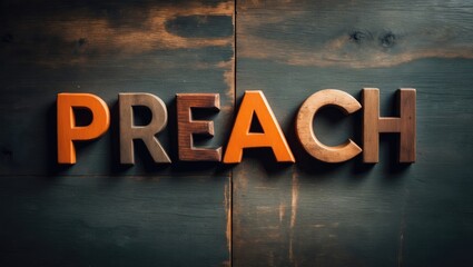 The term Preach theme and concept displayed in vintage wooden letterpress typography on a distressed background.