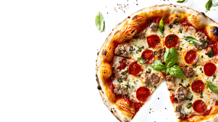 A slice of pizza with pepperoni and basil on top. The pizza is cut in half and placed on a white background