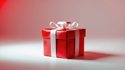 Obraz premium Tiny red gift against a red backdrop